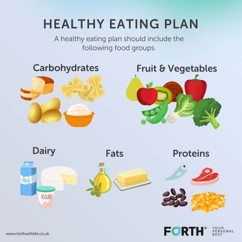Healthy eating plan infographic showing carbohydrates, fruits, vegetables, dairy, fats, and proteins