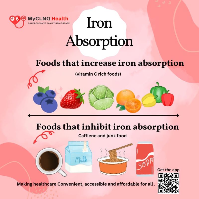 Iron absorption infographic showing foods that increase and inhibit iron absorption for anemia diet