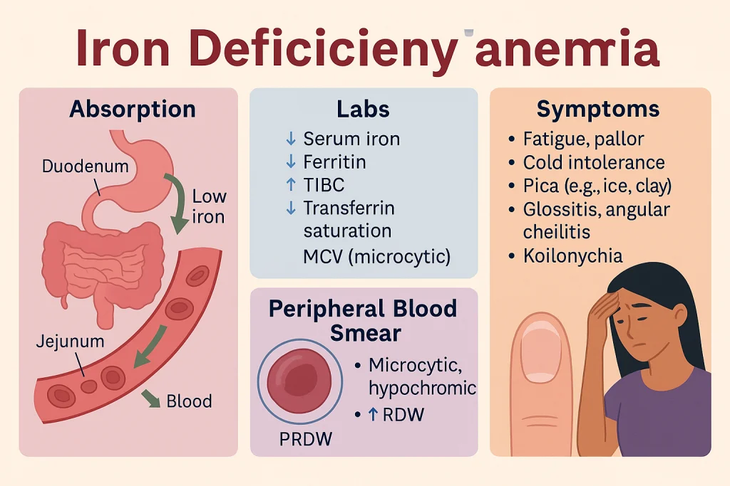Iron deficiency anemia infographic showing causes, symptoms, lab results and absorption process